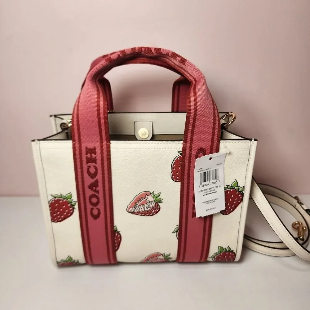 NWT Coach Smith Tote Bag 24 With Strawberry Print CAR80 Chalk Multi - Picture 3 of 7